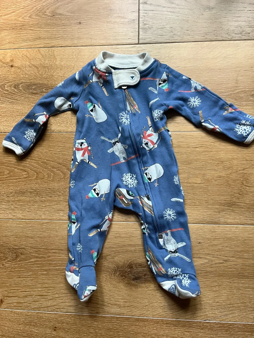 The cutest! Burt’s Bees Blue Snowman Ski Print Footed One-Piece for Babies